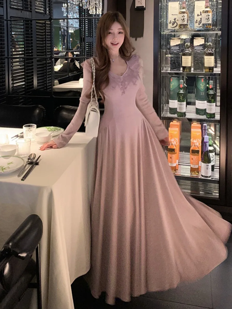 

Retro Sexy V-Ne Long Sve Dr Ele Ladylike High Waist Slimming Maxi Skirt Lace Trim A-Line Dr for Date And Par