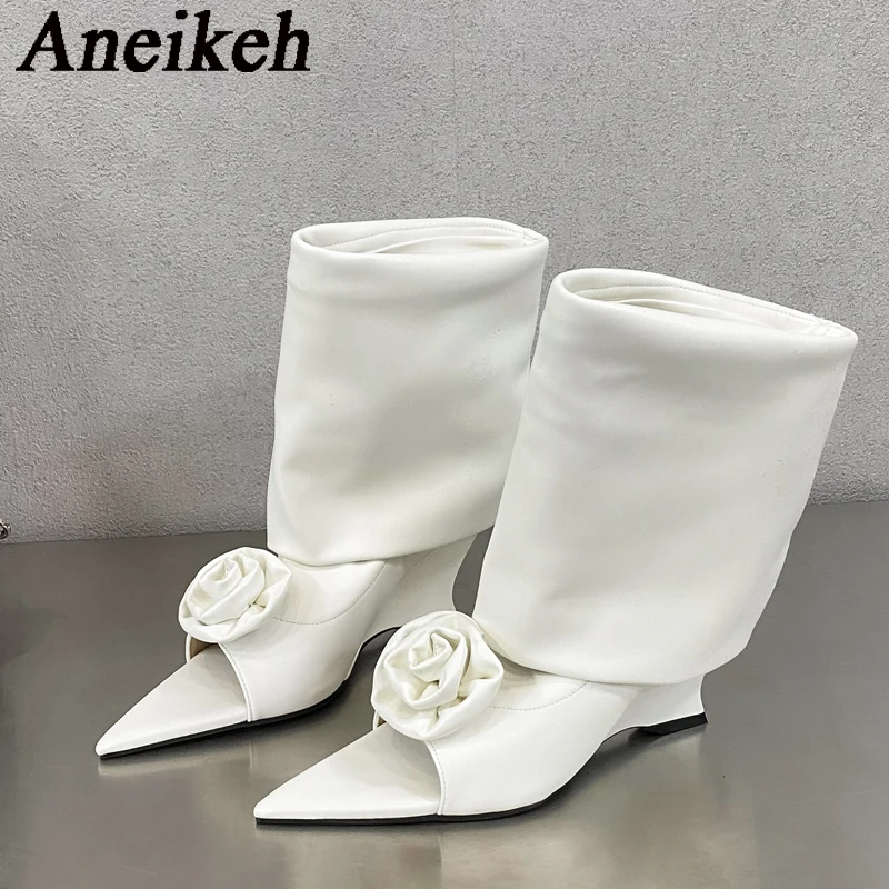 Aneikeh 2025NEW Summer Sandals Pointed toe Boots Peep Toe Flower Solid DRESS Wedges Women's Denim High Mid-Calf Boots Party Blue