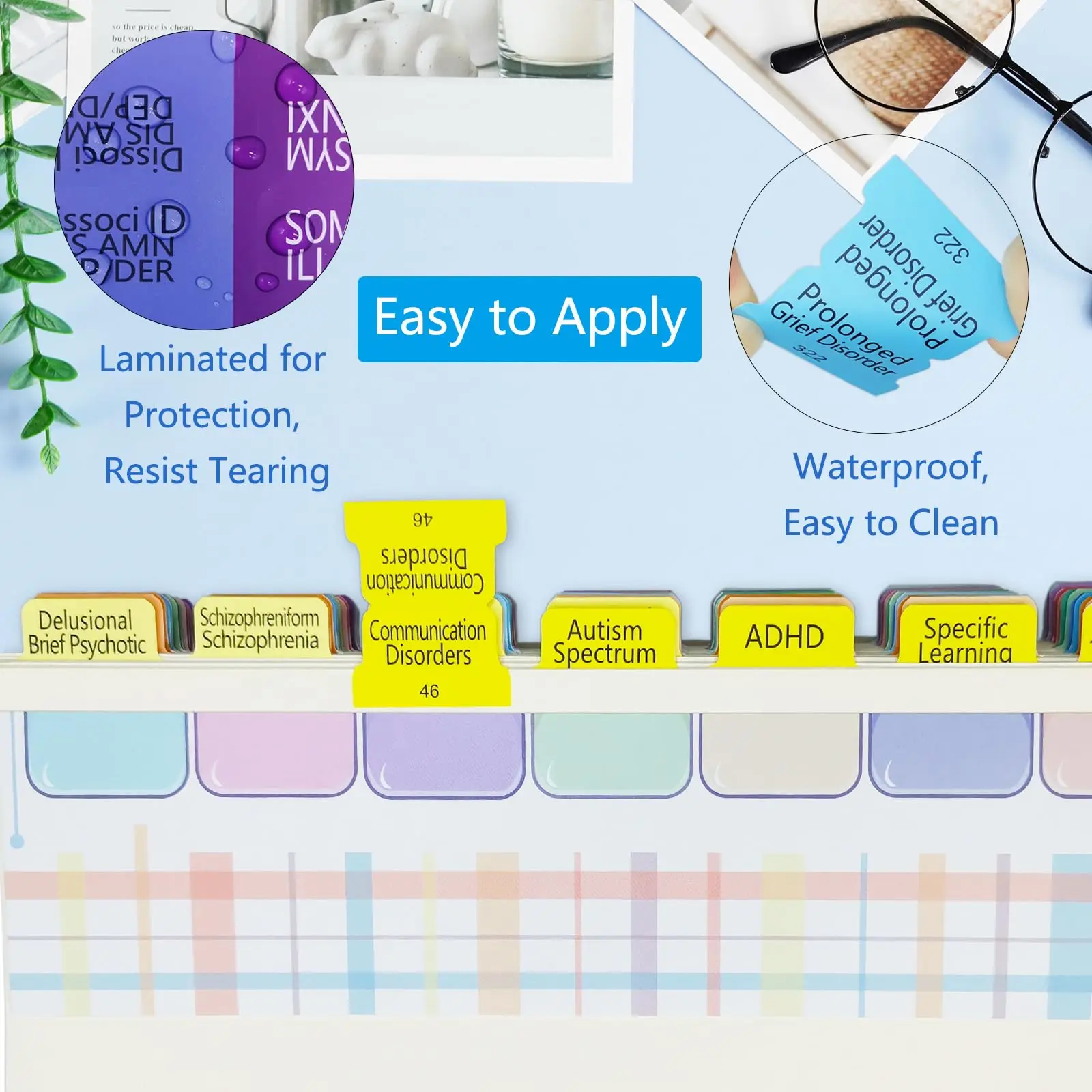 100-Pack Colorful & Laminated Dsm-5-Tr Tabs With Alignment Guide And Disorder Descriptions - Essential For Mental Health