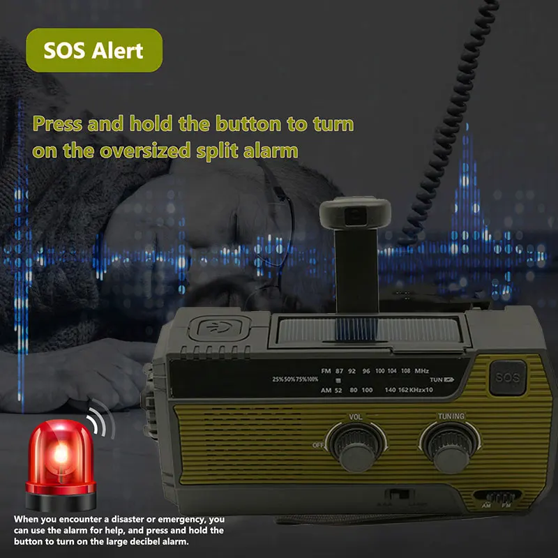 Radio de emergencia portátil, manivela Solar de 4000mAh, cargador de teléfono móvil, Radios AM/FM, linterna LED, luz nocturna para interiores y exteriores