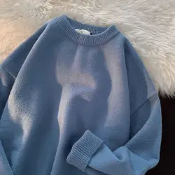 2023 New Autumn and Winter Fashion Simple Hong Kong Style Round Neck Solid Long Sleeve Loose Casual Thick Underlay Sweater