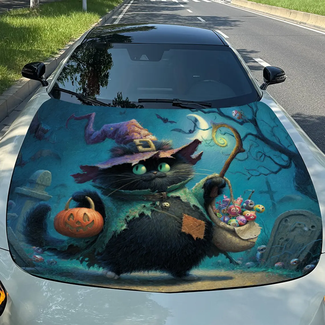 

Виниловая пленка для автомобиля с милым черным котом на Хэллоуин, водонепроницаемая наклейка на капот автомобиля из ПВХ, самоклеящиеся устойчивые к царапинам наклейки для Engine Co