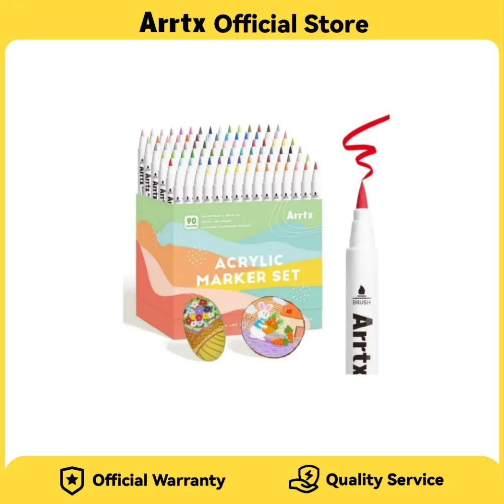 Arrtx Acrylic Markers 90 Colors Brush Tip Paint Pens Water Based Ink No Toxic Waterproof for Rock Painting Wood Stone Glass