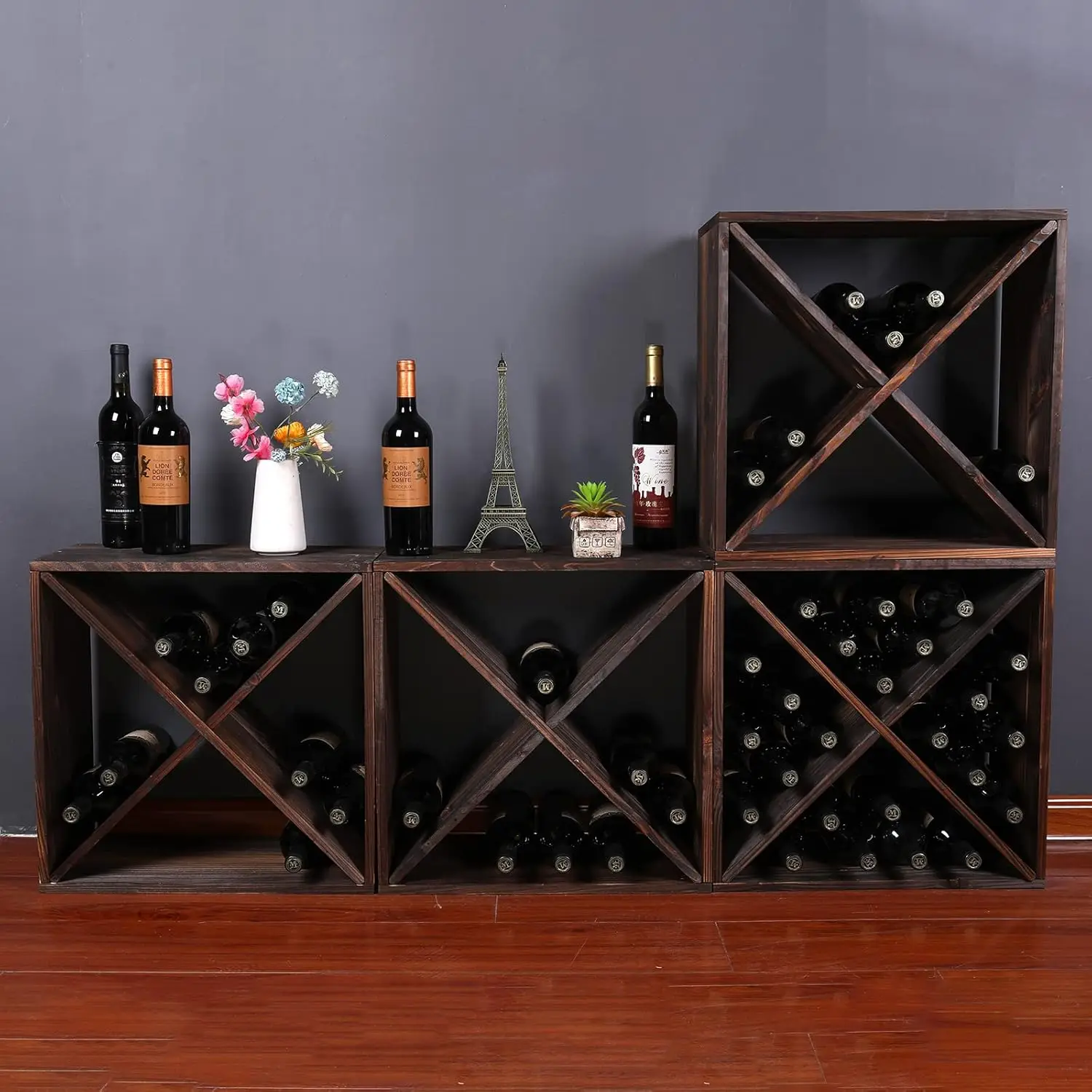 Wine Rack countertop Wooden Stackable Storage Rustic Retro Style Cube 24-Bottle Wooden Wine Rack Wine Cabinet (Dark Brown)