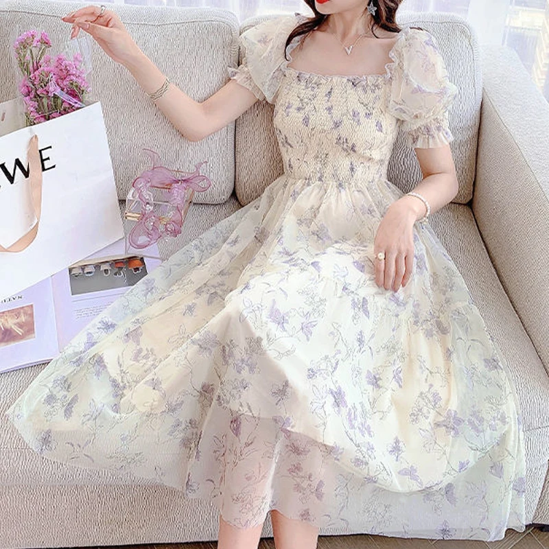 Fashion Vintage Chiffon Dress Summer Korean Sweet Floral Dress French Elegant Square Collar Puff Short Sleeve Painting Dresses