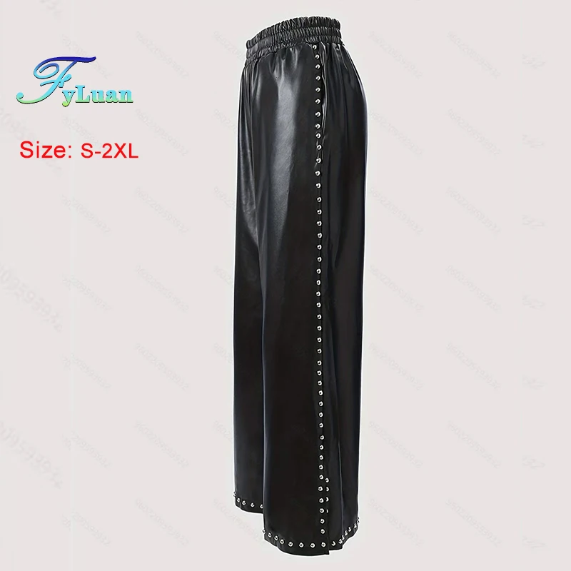 New Rivet Beads Design Women Leather Trousers High Waist Fashion Wide Leg Pants Straight Tube Pants Longs Solid Female Clothes