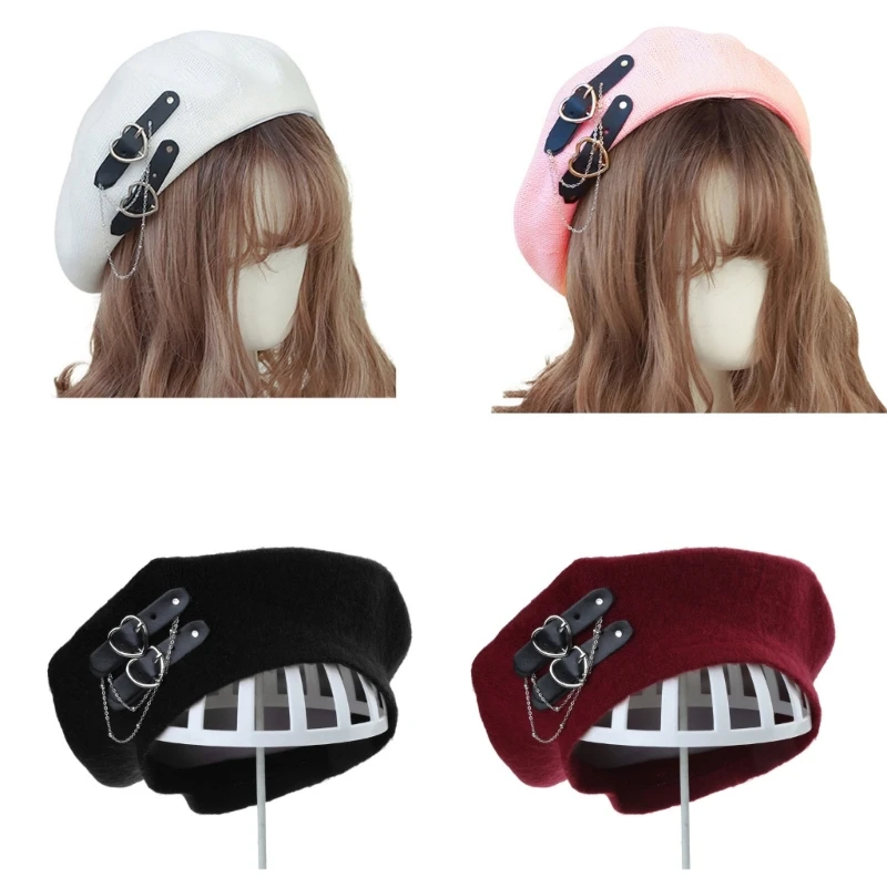 652F Lolita Girls Heart Buckle Beanie JK Hat Sweet Cool Hair Accessories Fashion Beret Breathable Preppy Style Lolita Hat