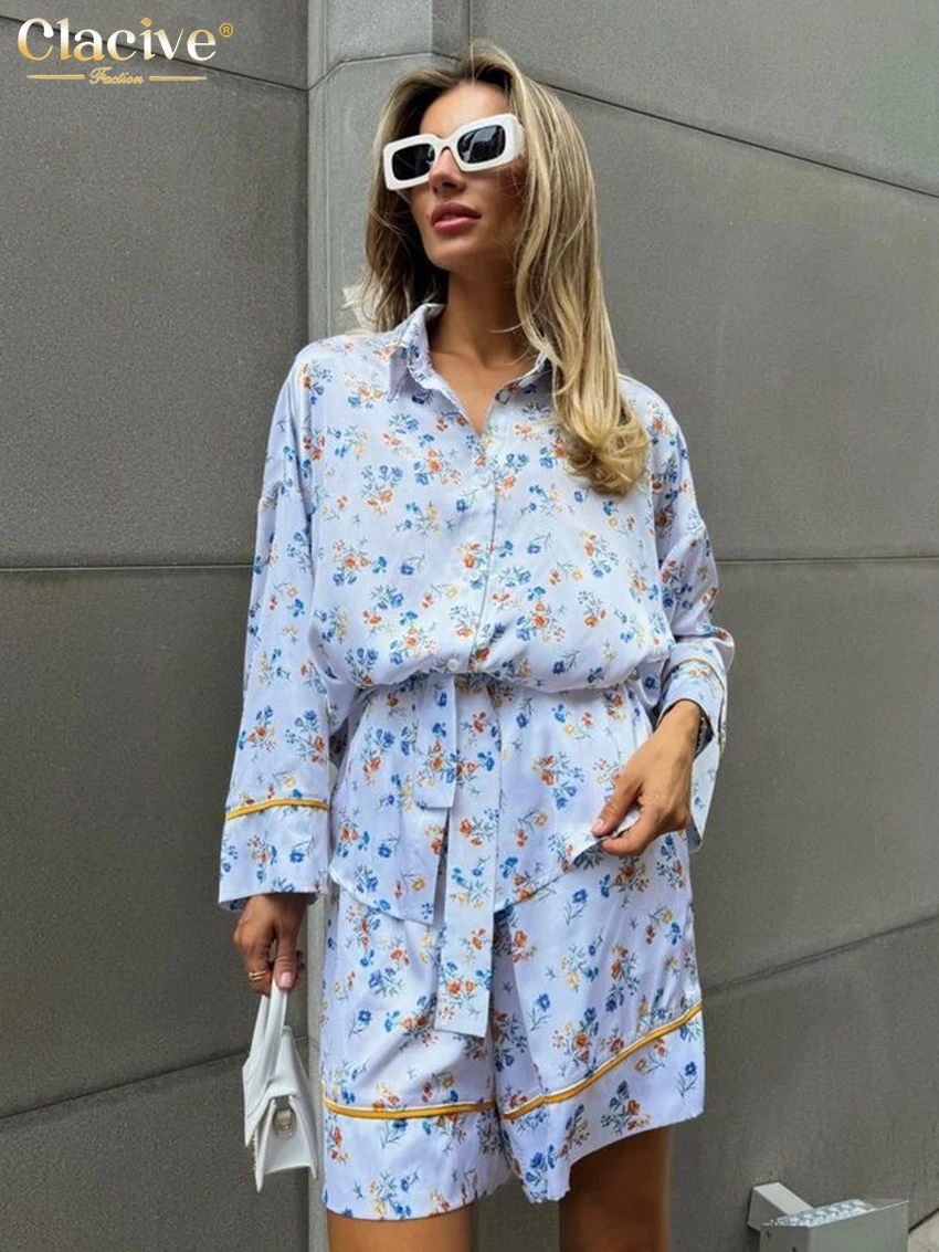

Clacive Fashion Loose Print 2 Piece Set Woman Outfit 2025 Elegant Long Sleeve Shirt With High Waist Shorts Set Female Streetwear