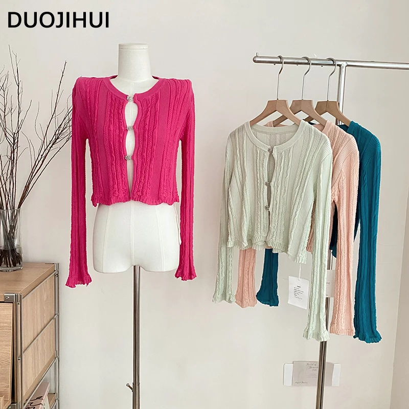 DUOJIHUI Autumn New Solid Color Slim Female Cardigan Fashion Single Breasted 4-colors Simple Long Sleeve Knitting Women Cardigan