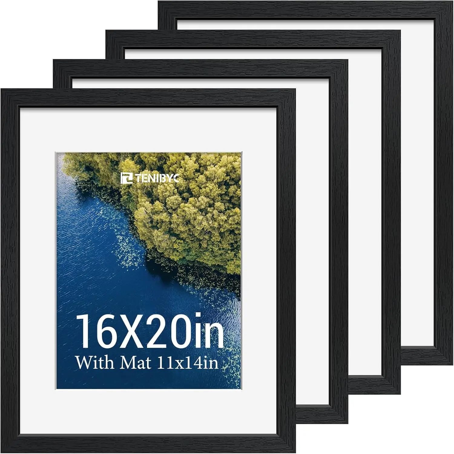 

16x20 Picture Frame Set of 4, Black Wood Frames with Tempered Glass, Displays 11x14 with Mat or 16x20 without, Wall Hanging for