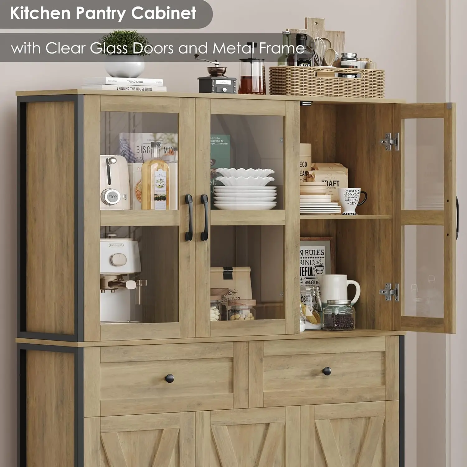 41.3"" W Large Kitchen Pantry Cabinet, Pantry Storage Cabinet In Metal Frame, Bar Cabinet With Clear Glass Door, 2 Drawer &