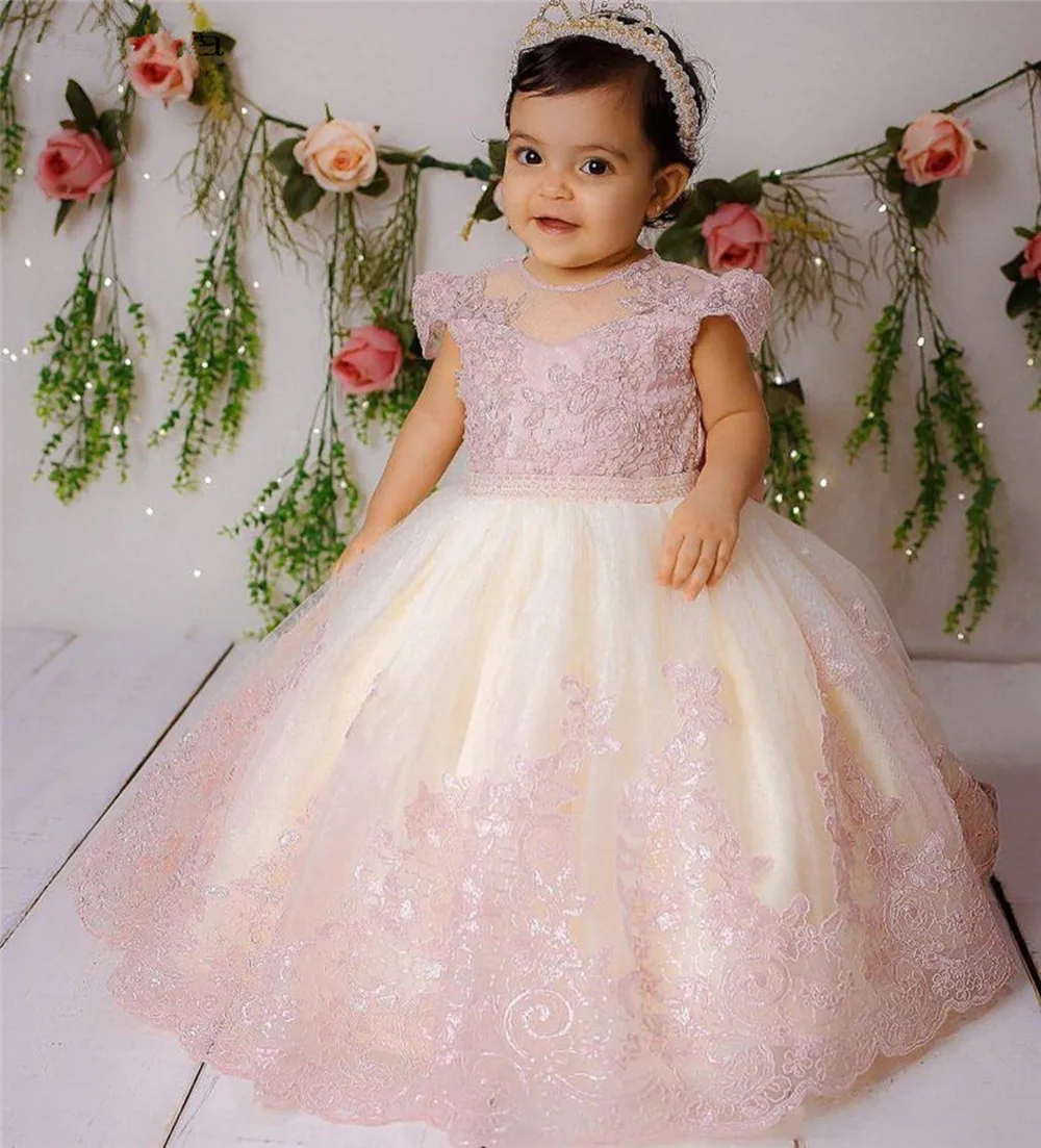 Vestido personalizado de encaje rosa con flores para niña, vestido de cumpleaños de tul para bebé, ropa para niños para boda, fiesta de cumpleaños, manga corta