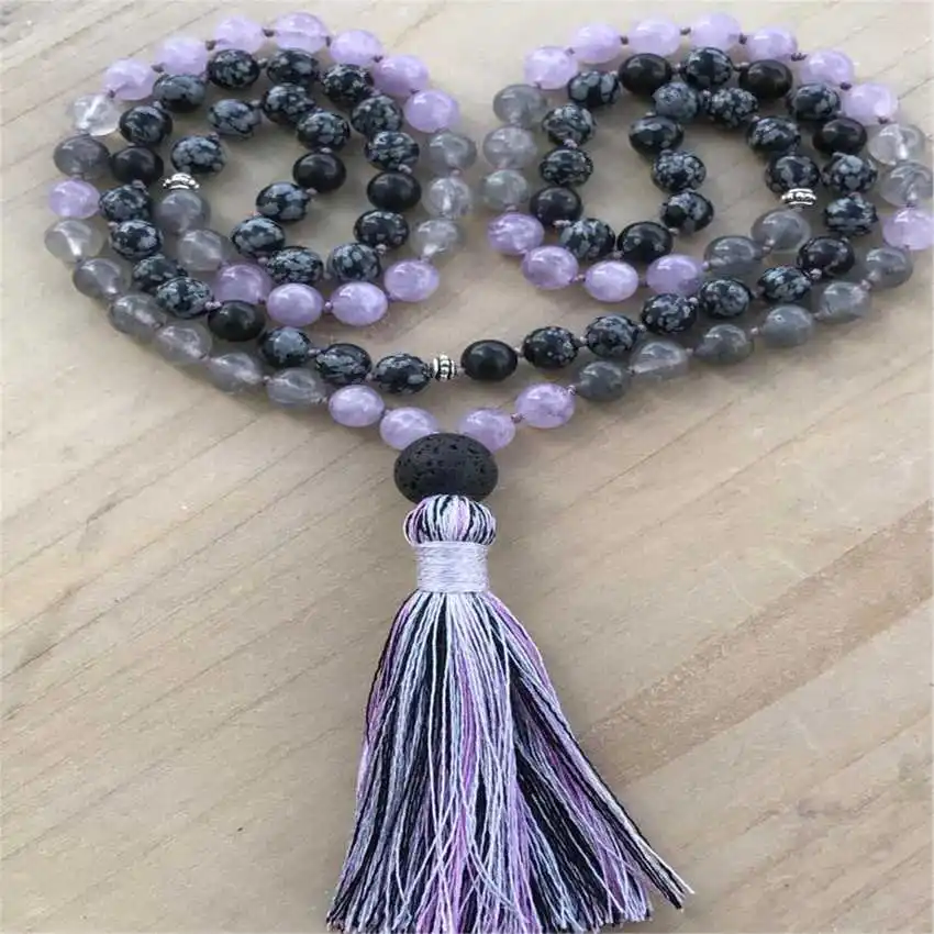 8mm Natural Snowflake Obsidian 108 Beads Tassel Knot Necklace Men's Fragrant Prayer Relief Mala