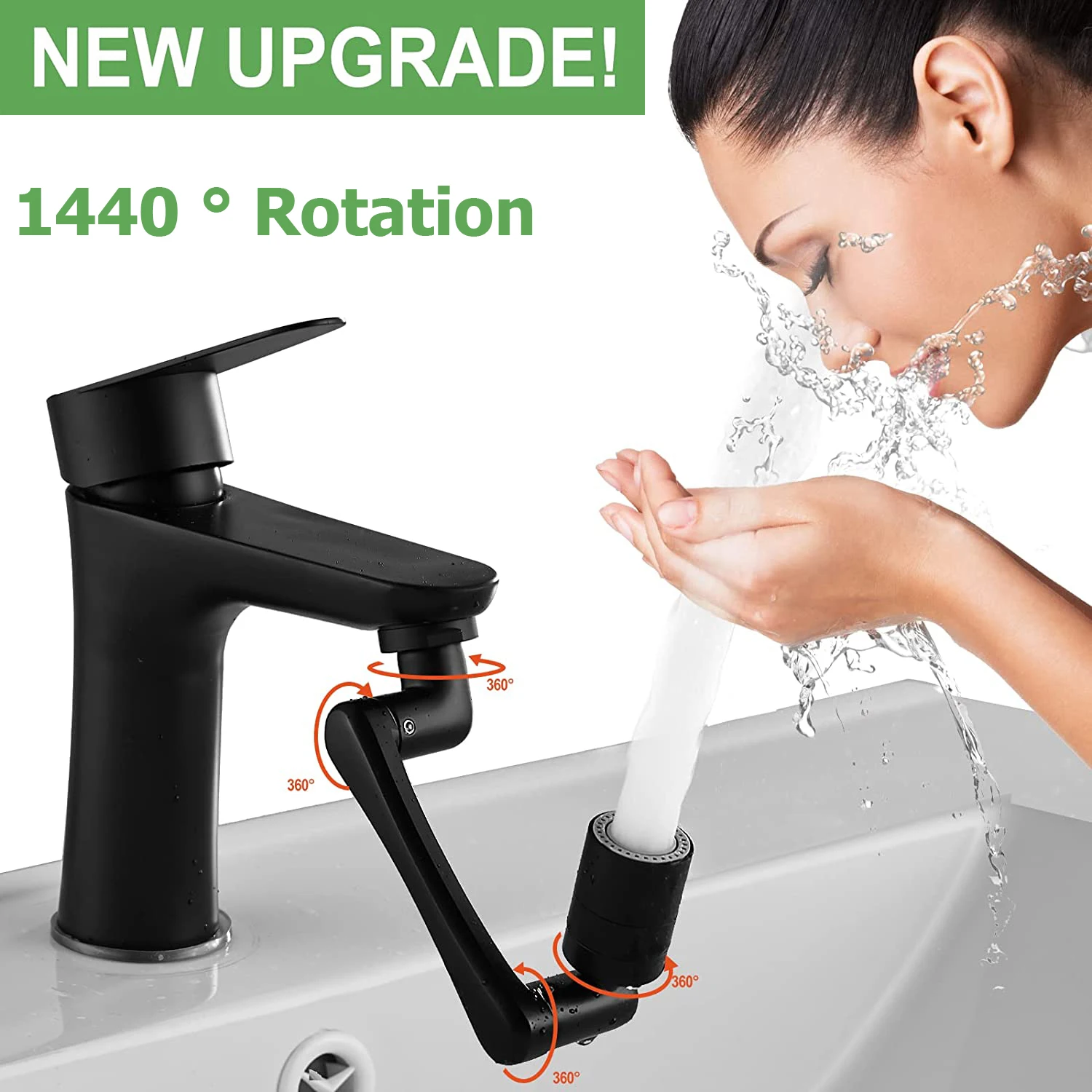 2 Modes 1440 Degree Rotatable Extension Faucet Sprayer Head Universal Bathroom Tap Extend Adapter Aerator Faucet Extender Black