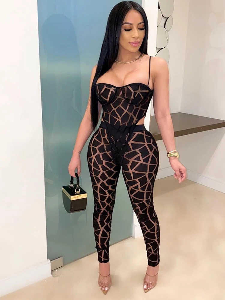 Solid Color Suspender Mesh Jumpsuit Two-piece Set 2023 Summer with Tight Pants White Hollow Sexy Jumpsuit for Nightclubs, Bar