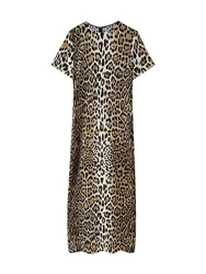 Zevity 2024 New Women Sexy O Neck Short Sleeve Leopard Print Straight Long Dress Female Chic Summer Back Zipper Vestidos DS6213