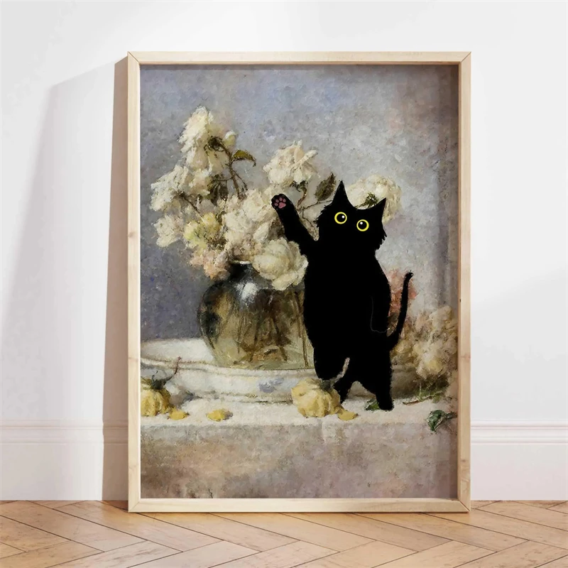 Schwarze Katze mit Seerose Kunstdruck Lustiges Poster im Monet-Stil Leinwandgemälde Verspieltes Wandbild für Heimdekoration