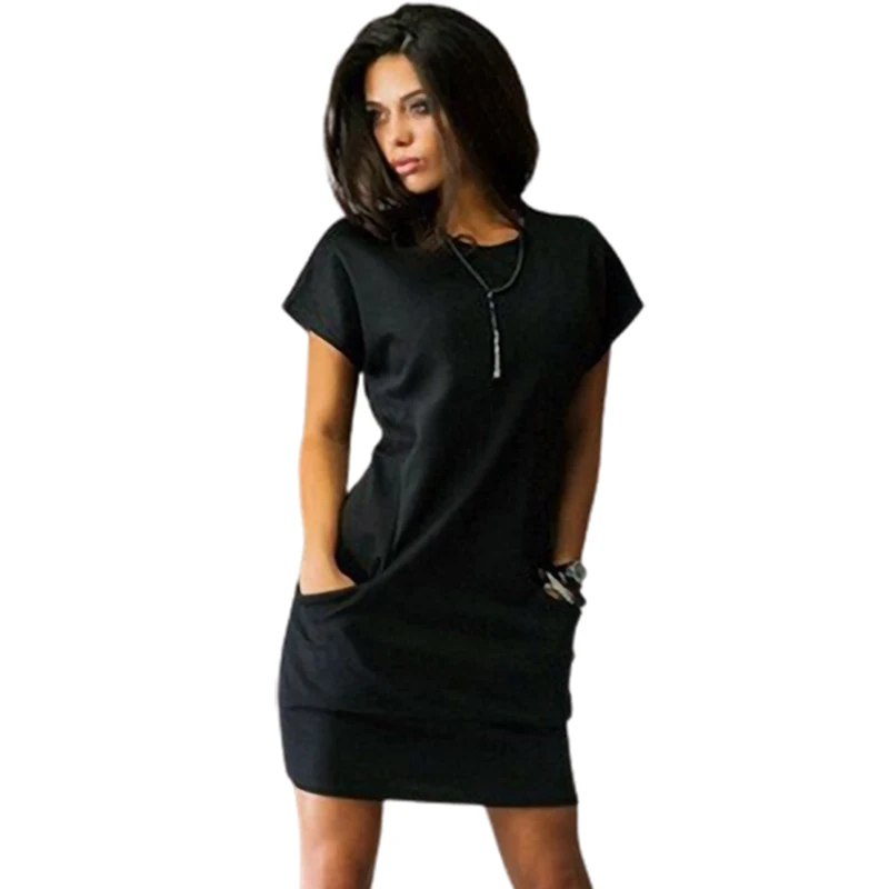 Women's Fashion Pockets Dresses Solid Color Casual Dress Elegant Ladies Loose Cotton Dresses Summer Short Sleeve Size Dresses