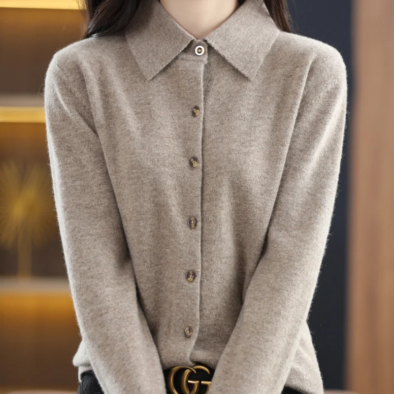 100% Wool Korean Style Turn-down Collar Knitted Sweaters Women Cardigan Fashion Casual Long Sleeve Cashmere Shirt Solid Tops