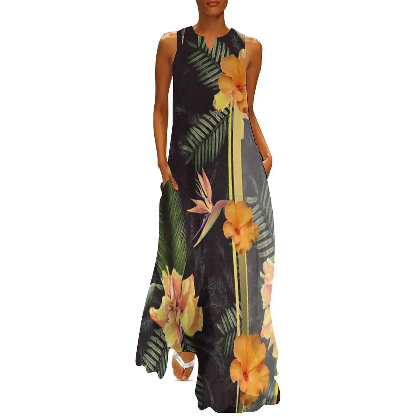 

Hawaiian Aloha Shirt: Orange Hibiscus Long Dress women dresses Female dress