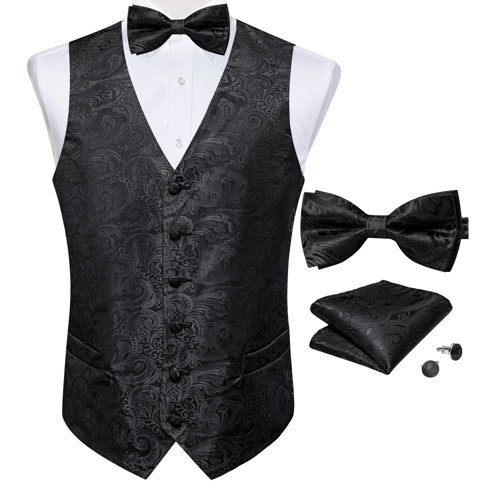 Men\'s Suit Vest Black Paisley Solid Red Grey Wedding Prom Luxury Waistcoat with Bow Tie Handkerchief Cufflinks Men Clothing