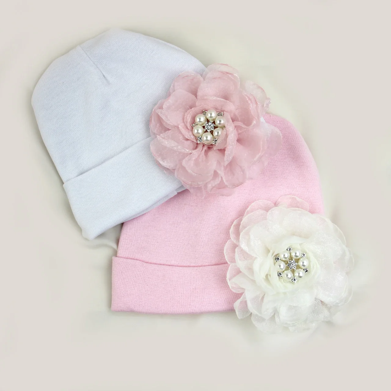 0-6 miesięcy Newborn Cotton Bonnet with Chiffon Flower Diamond Baby Girls Hospital New Born Hat Pink White Beanie Cute Hat for Baby