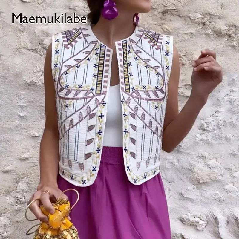 

Maemukilabe Women Vintage Floral Embroidery Short Vest Jacket Ladies National Style Vests Casual Chic WaistCoat Crop Tops