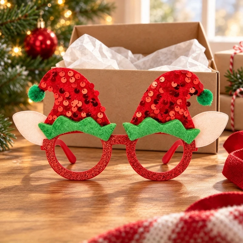 2026 New Lensless Christmas Costume Glasses with Sequined Elf Hat Ornaments, Ready-to-Wear Photo Props Eyewear for Holiday