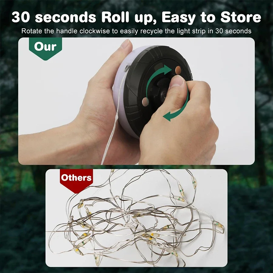 10m LED Reel String Lights Outdoor USB Rechargeable Camping Lamp Solar Fairy Christmas Lights Garden Room Decorative Tent Light