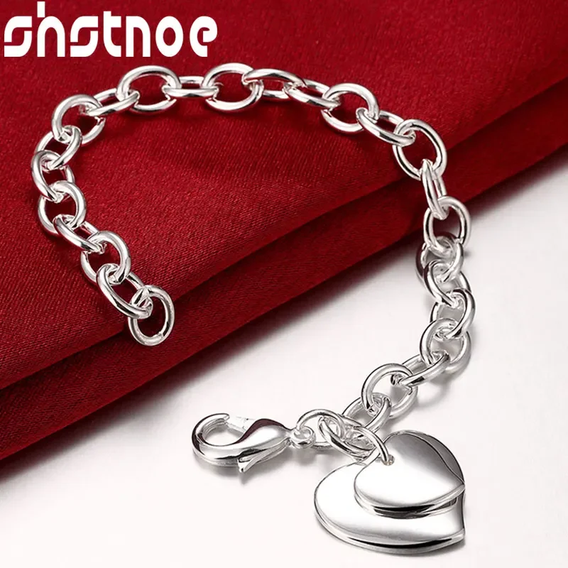 

SHSTONE 925 Sterling Silver Double Heart Bracelet Women's Bracelets Jewelry Fashion Wedding Anniversaries Engagement Party Gift