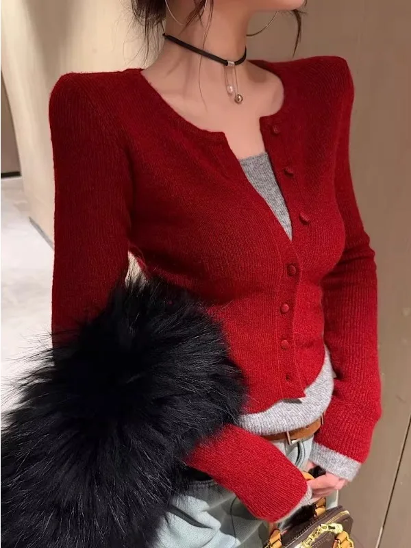 

Вязаный свитер Ele Red Cisas для женщин, облегающий, модный, с эффектом многослойности, с длинными рукавами, для повседневной носки, в корейском стиле