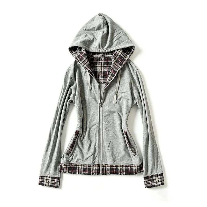 Women's Zip Up Hoodie Plaid Patchwork Slim Fit Long Sleeve Drawstring Sweatshirt Casual Y2K Streetwear Harajuku Jacket Pockets