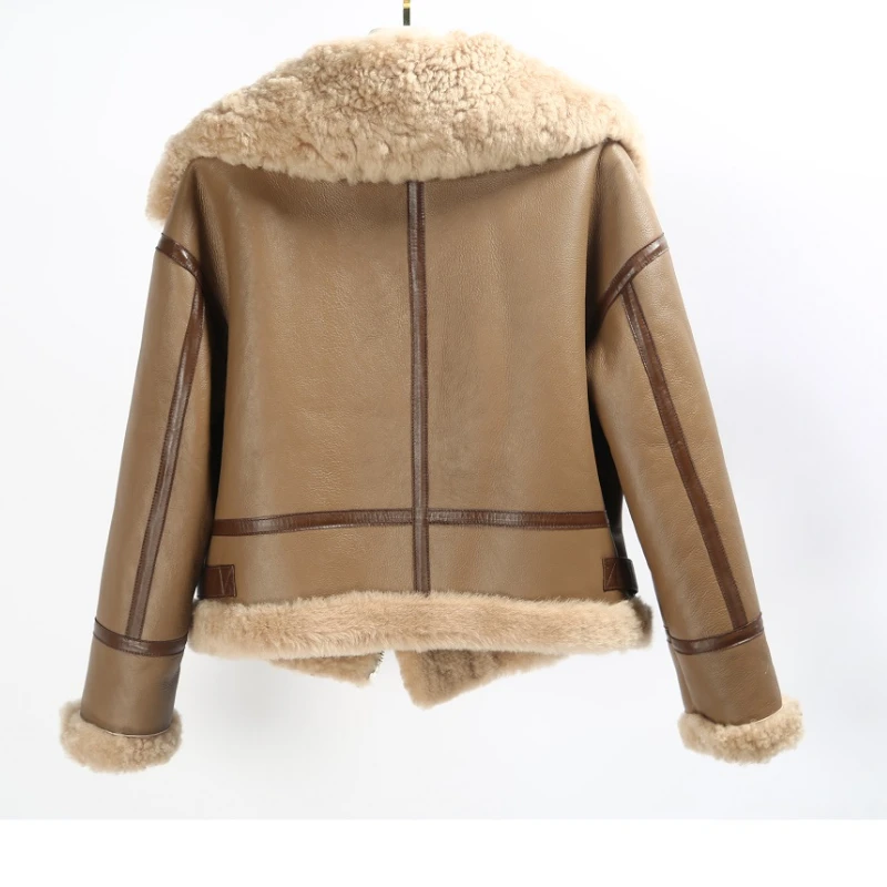 Whole Sheepskin Leather Lamb Fur Integrated Winter Coat Short Women's Motorcycle Genuine Leather Jacket Women Shearling Overcoat