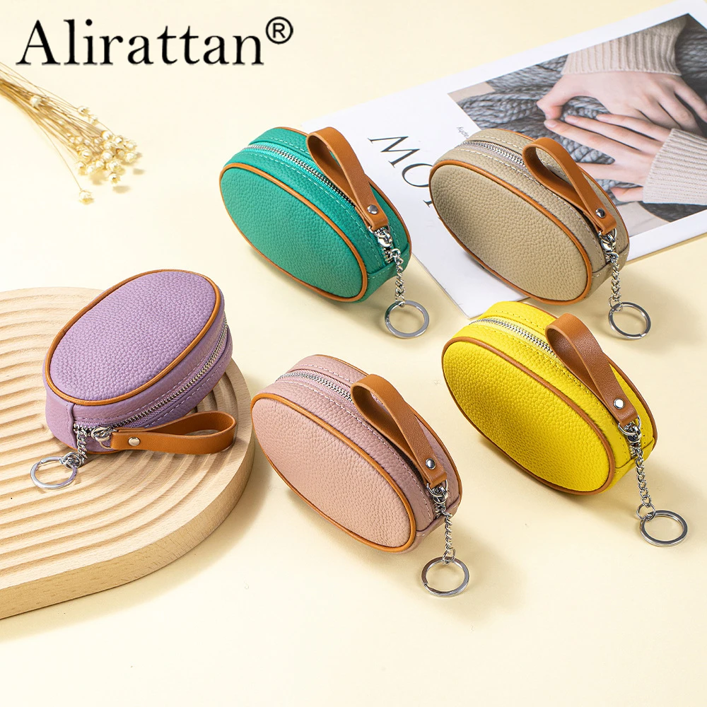 Alirattan 2026 New Genuine Leather Coin Purse Mini Small Bag Cowhide, Contrasting Color Compact Keychain Storage Wallet