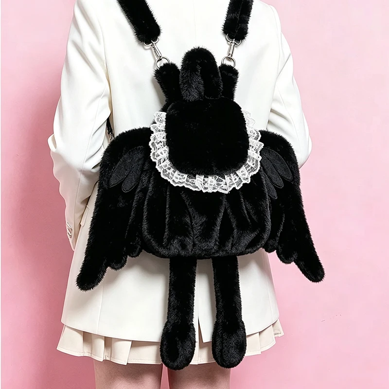 Fashion Backpack,Angel Wings Women Autumn Winter Plush Crossbody Bag,Cute Lace Furry Gothic Soft Fluffy Lolita Girls Handbag