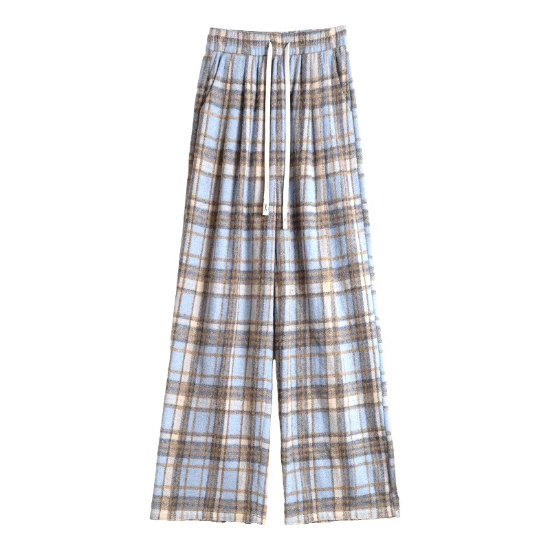 Blue Plaid Pants Women's Winter and Autumn 2025 New Loose and Lazy Casual Fleece Straight Wide-leg Pants Women
