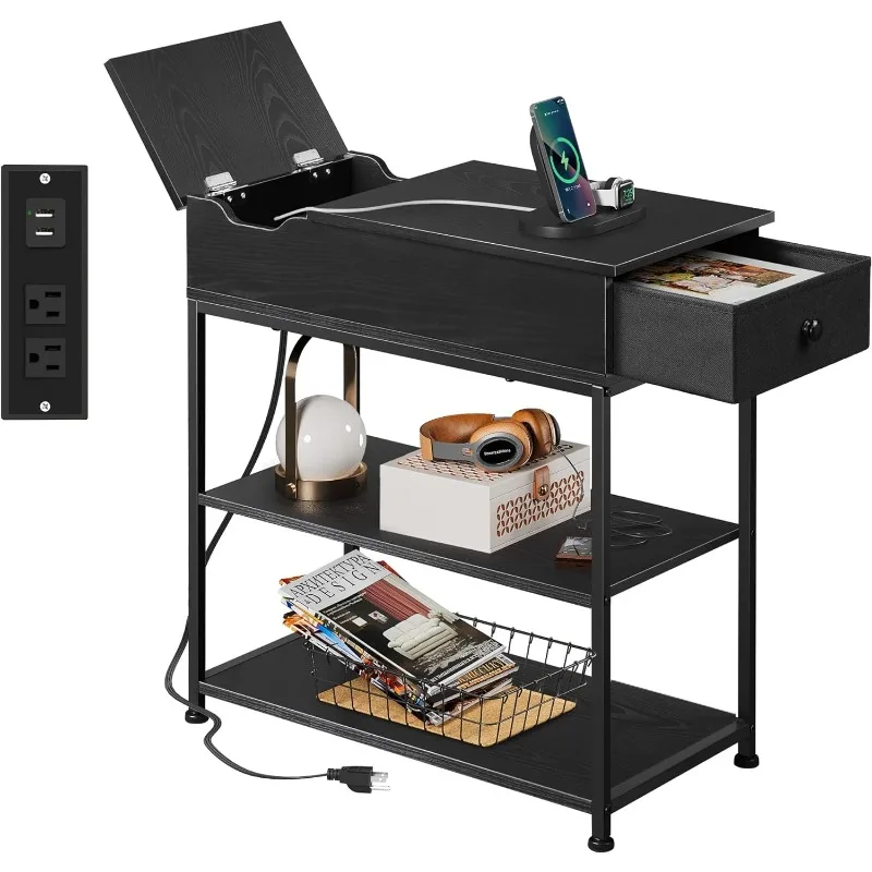 

Narrow Side Table with 2 USB Ports and 2 Outlets, Flip Top End Table with Drawer and Storage Shelves, End Stand with Charging