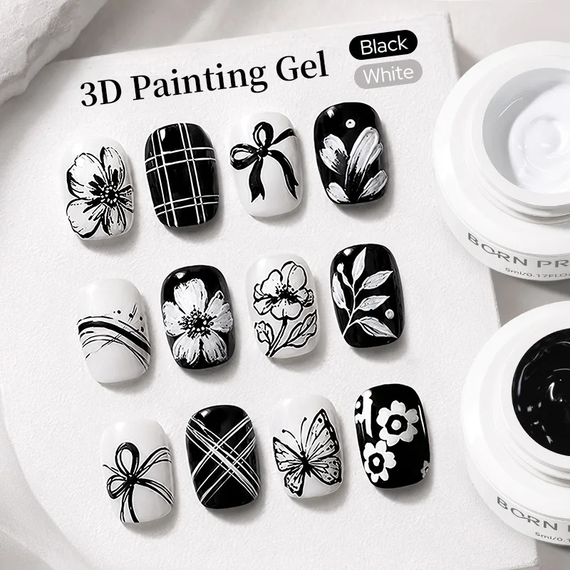 BORN PRETTY Embossed glue Black and white nail polish glue Nail hook edge pull line 3D micro-engraved phototherapy glue
