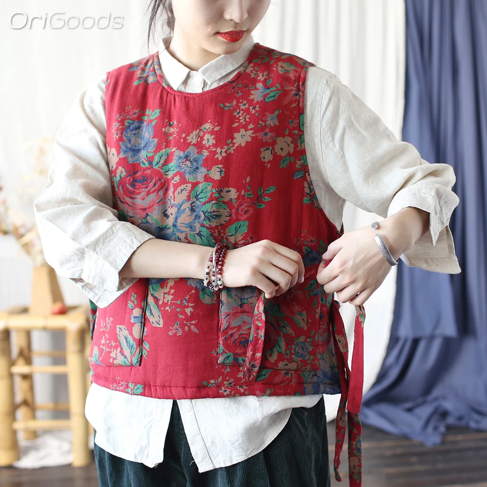 OriGoods Winter Vest Women Chinese Style Flower Print Warm Cotton Padded Vest Loose National Clothes 2024 Vest Top Woman X130