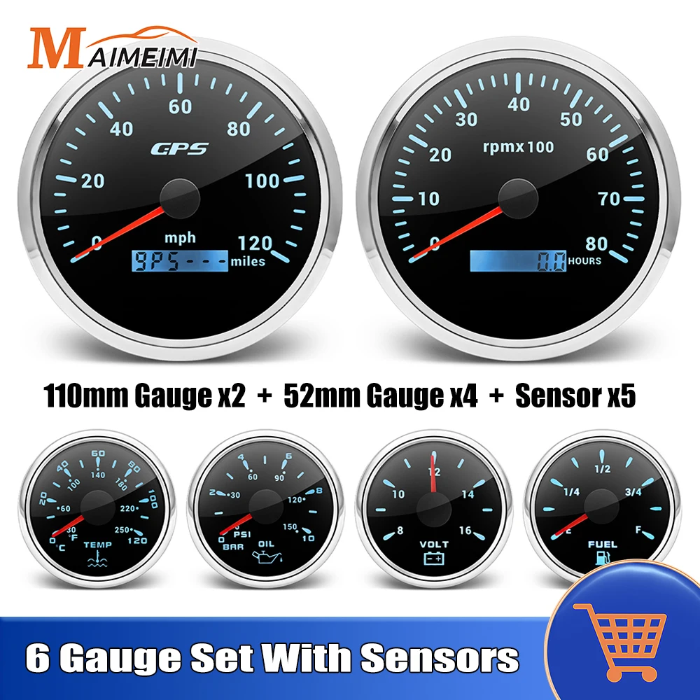 AD 6pcs Gauge Set 110mm GPS Speedometer Tachometer 52mm Water Temp Fuel Voltmeter Oil Pressure Meter With Sensor for Boat Car