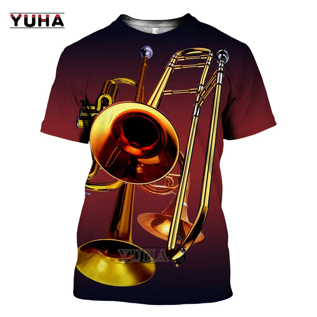 Summer Music Jazz T-shirt 3D Print Sax Guitar Clarinet Men\'s T-shirt Classic Music Instruments Short Sleeve Hip Hop  Pop Ca