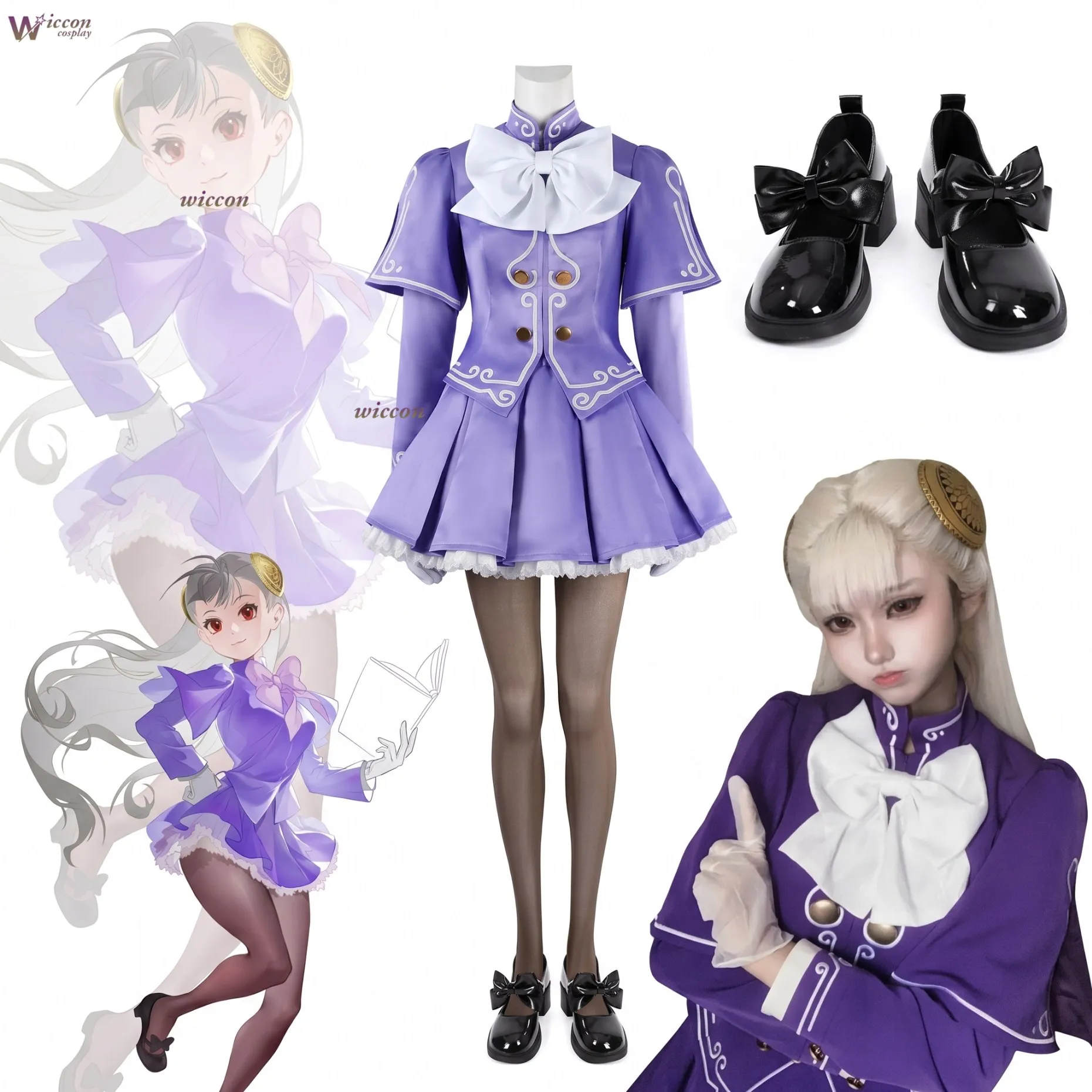 Disfraz de Ingrid de Street Fighter 6, Vestido Morado Mini, Falda con Volantes y Lazo Blanco, Guantes Blancos, Estilo Mary Jane, Disfraz Completo para Halloween