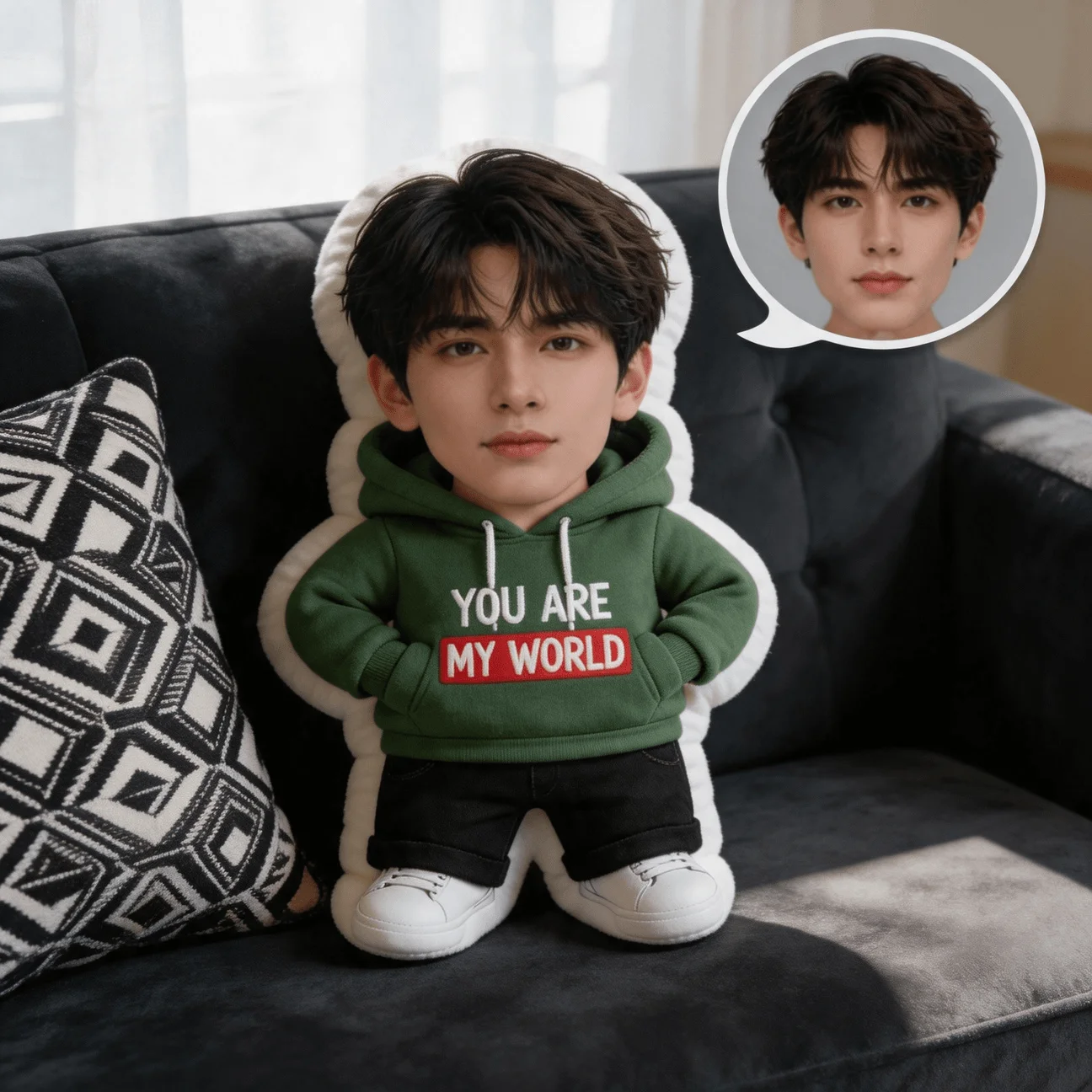 Custom Personalized Photo Face Pillow, Young Man in Green Hoodie with You Are My World Design Custom Shaped Decor Cushion home