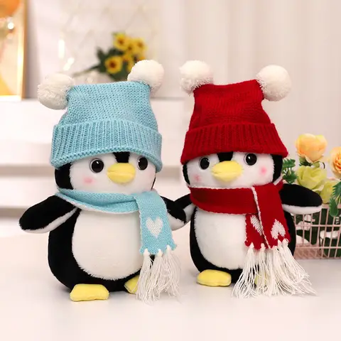 1pc 25/35cm pinguim bonito com chapéu cachecol brinquedo de pelúcia boneca macio animal de pelúcia dos desenhos animados brinquedos travesseiro para crianças presente de natal decoração