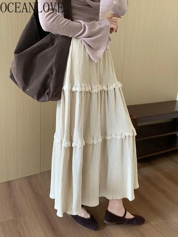 

OCEANLOVE Velour Skirts Women Sweet Solid Ruffles Autumn Winter Elegant Jupe Femme Korean Fashion Vintage Retro Long Skirt
