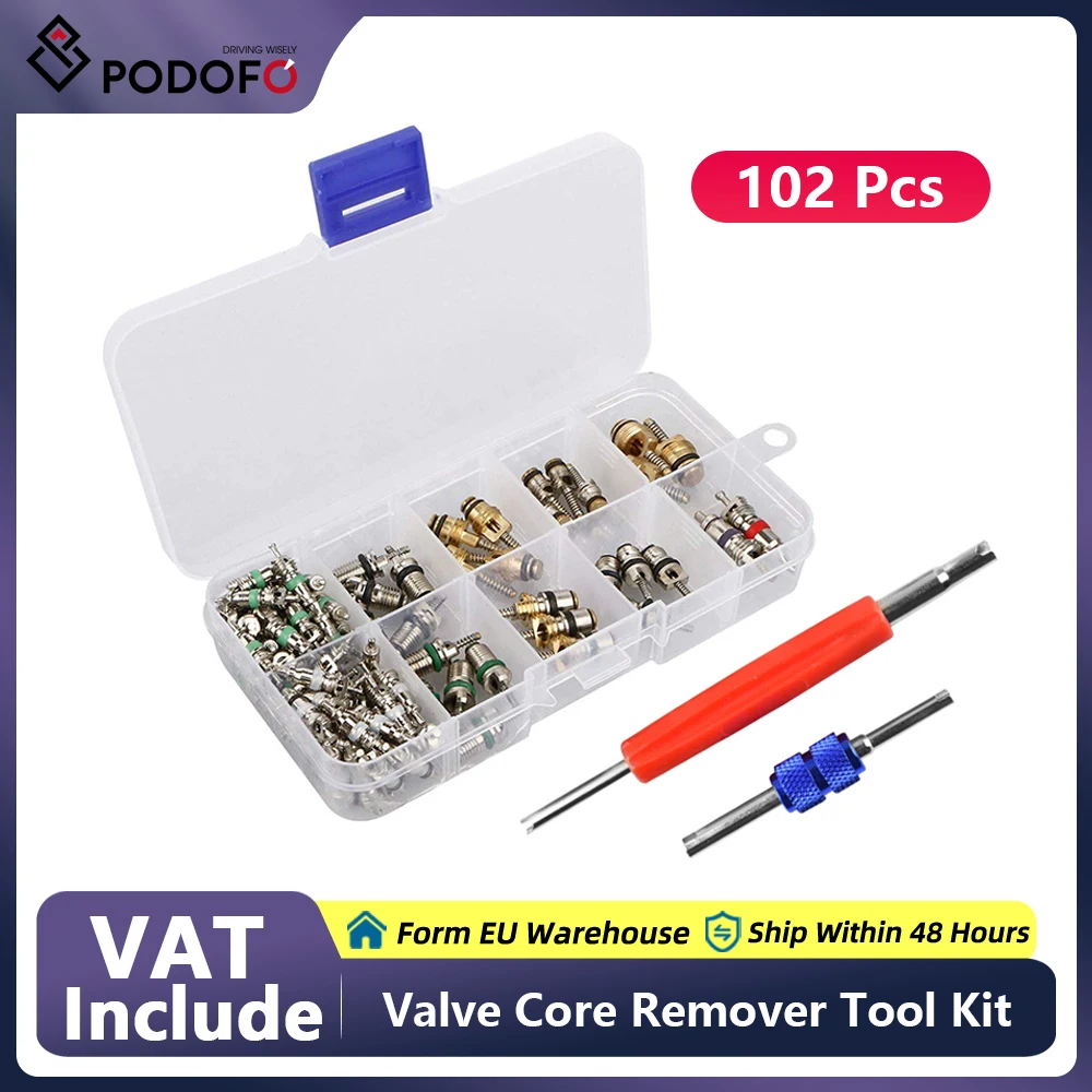 Podofo 102pcs R134A Car A/C Core Valves Automotive Air Conditioning Assortment Kit R12 Valve Core Remover Tool Car Accessories