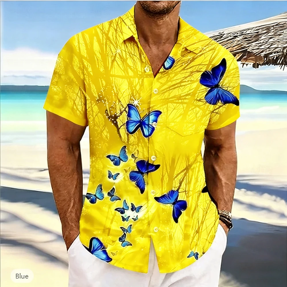 2026Men's spring new short-sleeved shirt natural butterfly high-definition 3D printed shirt Hawaiian outdoor party clothes men's