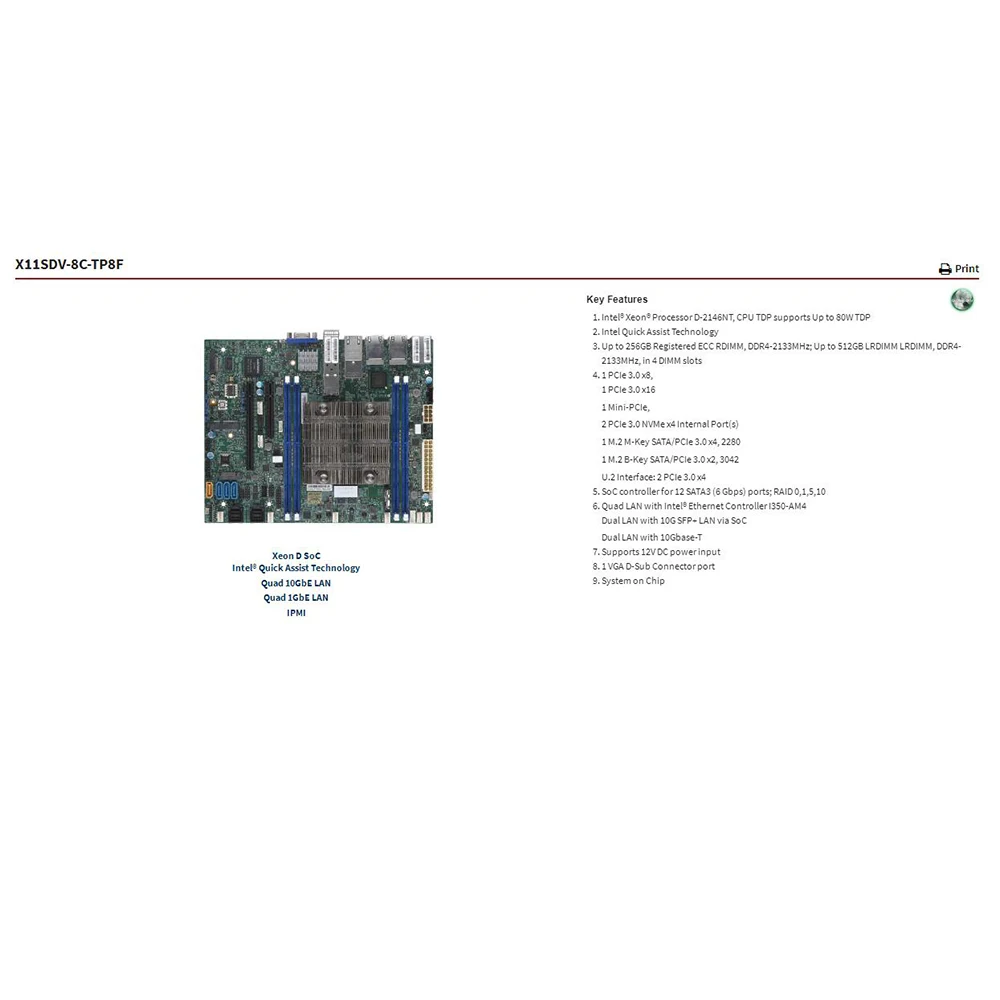 Motherboard Xeon Processor D-2146NT,DDR4-2133MHz For Supermicro X11SDV-8C-TP8F