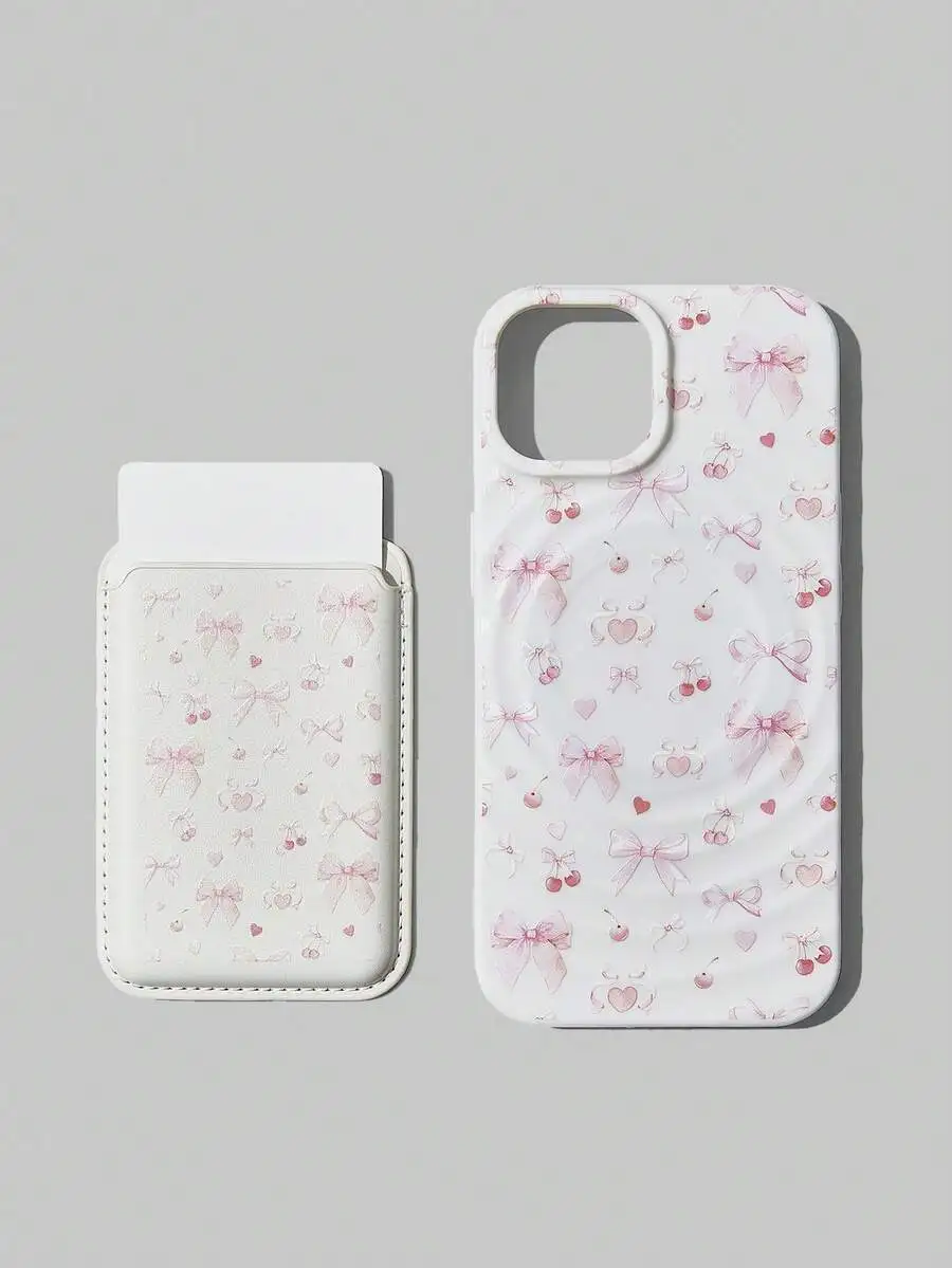 

Набор из 2 предметов: чехол для телефона MagSafe с розовым бантом и вишнёвым принтом и соответствующий картхолдер