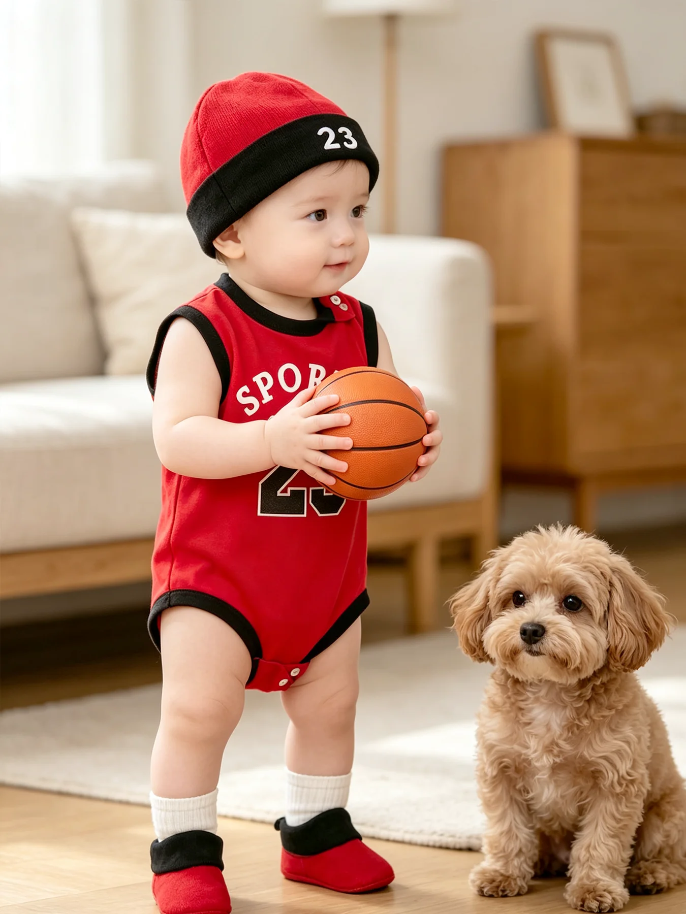 Nein. 23 Rot-weißes, farblich abgesetztes, ärmelloses 3-teiliges Activewear-Set aus Baumwolle für Baby-Jungen – ein lustiges und verspieltes Geschenkset für Fotoshootings – Detail 9